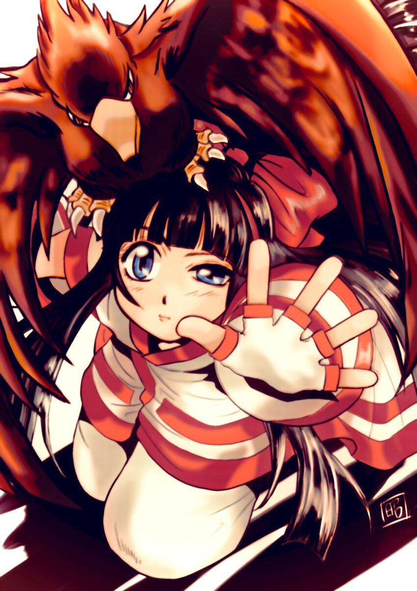 1girl ainu_clothes artist_name black_hair blue_eyes breasts fingerless_gloves gloves hair_ribbon highres kneeling legs long_hair looking_at_viewer mamahaha nakoruru outstretched_arm pants ribbon samurai_spirits small_breasts snk the_king_of_fighters thighs very_long_hair