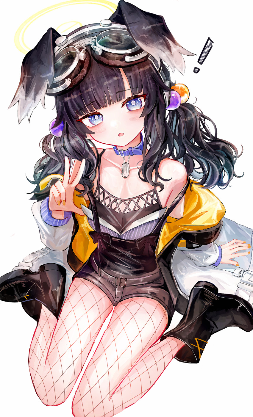 1girl absurdres aiu_. animal_collar beads black_boots black_hair black_shorts black_tank_top blue_archive blue_eyes boots breasts collar dog_tags fishnet_pantyhose fishnets goggles goggles_on_head hair_beads hair_ornament hibiki_(blue_archive) highres jacket long_hair looking_at_viewer low_twintails pantyhose purple_collar shorts sitting small_breasts solo tank_top twintails w wariza white_jacket yellow_nails