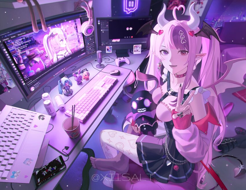 1girl ahoge animal_ear_headphones animal_ears barefoot bell belt_boots black_boots black_corset black_nails black_skirt blunt_bangs blurry blurry_background boots breasts bubi_(ironmouse) cat_ear_headphones cellphone chain chainsaw_man chair character_request choker city collar collarbone commentary computer computer_keyboard computer_mouse controller copyright_request corset crossed_legs demon_girl demon_horns demon_tail demon_wings detached_sleeves discord earbuds earphones earrings english_commentary eyelashes fake_animal_ears fangs fast_food frieren frilled_shirt frills full_body game_controller gamepad garter_straps hair_ornament hatsune_miku head_wings headphones heart heart_ahoge heart_earrings heart_hair_ornament heart_o-ring heart_print heart_ring_choker heart_ring_strap heart_sticker heterochromia highres holding holding_stuffed_toy horns ironmouse ironmouse_(15th_costume) jewelry jingle_bell light_particles livestream long_hair long_sleeves looking_at_viewer medium_breasts microphone monitor monster_energy mousepad_(object) multicolored_hair notebook o-ring o-ring_choker on_chair open_mouth pantyhose phone photo_(object) pink_collar pink_hair pink_nails pink_shirt pink_skirt pink_sleeves pink_wings pochita_(chainsaw_man) pointy_ears poster_(object) purple_eyes purple_hair purple_thighhighs red_eyes see-through_clothes see-through_pantyhose see-through_thighhighs shelf shirt single_earring single_sidelock sitting skirt sleeveless sleeveless_shirt smartphone solo_focus sousou_no_frieren sparkle spiked_collar spikes streaked_hair stuffed_animal stuffed_toy table tail teddy_bear teeth thighhighs toes twintails twitch.tv twitch_logo twitter_username two_side_up v very_long_hair virtual_youtuber vocaloid vshojo white_horns white_pantyhose window wings xiisalt youtube