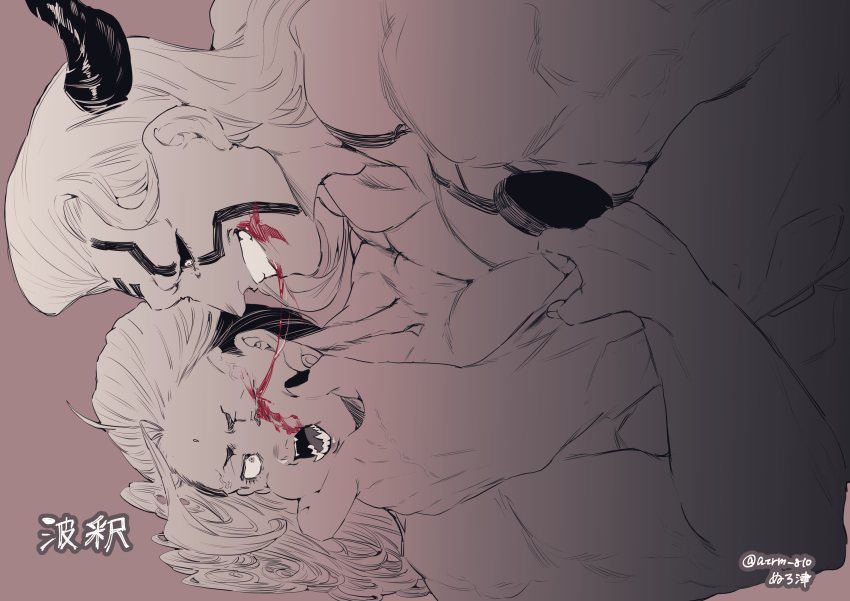 2boys absurdres bindi blood blood_on_face blood_on_mouth blood_string bloody_eye bruise bruised_eye buddha_(shuumatsu_no_valkyrie) collarbone completely_nude constricted_pupils demon_boy demon_horns eye_injury facial_mark facial_tattoo fangs forehead_mark grabbing_another&#039;s_face greyscale hair_down hajun_(shuumatsu_no_valkyrie) hand_on_another&#039;s_arm head_grab highres holding hole hole_in_chest hole_on_body horns implied_rape injury jewelry long_hair looking_at_another looking_down loose_hair_strand lying male_focus monochrome multicolored_hair multiple_boys muscular muscular_male muscular_uke nail_polish nanako_nuchitsu nude on_back one_eye_closed open_mouth pectorals rape shuumatsu_no_valkyrie size_difference smile tattoo teeth toned toned_male yaoi