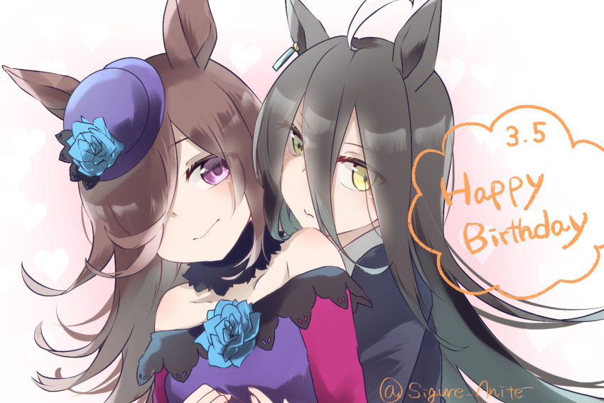 2girls ahoge animal_ears bare_shoulders birthday birthday_connection black_hair black_jacket blue_flower brown_hair closed_mouth commentary_request dated dress earrings flower hair_between_eyes hair_over_one_eye happy_birthday hat hat_flower horse_ears horse_girl hug hug_from_behind jacket jewelry long_hair long_hair_between_eyes manhattan_cafe_(umamusume) multicolored_hair multiple_girls purple_eyes rice_shower_(umamusume) shigure_rin single_earring strapless strapless_dress tilted_headwear twitter_username umamusume yellow_eyes