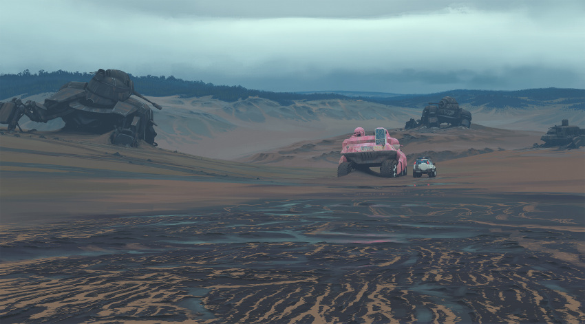absurdres cannon car cloud cloudy_sky gun highres motor_vehicle no_humans non-humanoid_robot outdoors robot sand science_fiction simon_stalenhag sky sports_utility_vehicle stream swedish_machines tree unconventional_emergency_vehicle_lighting unconventional_vehicle water weapon