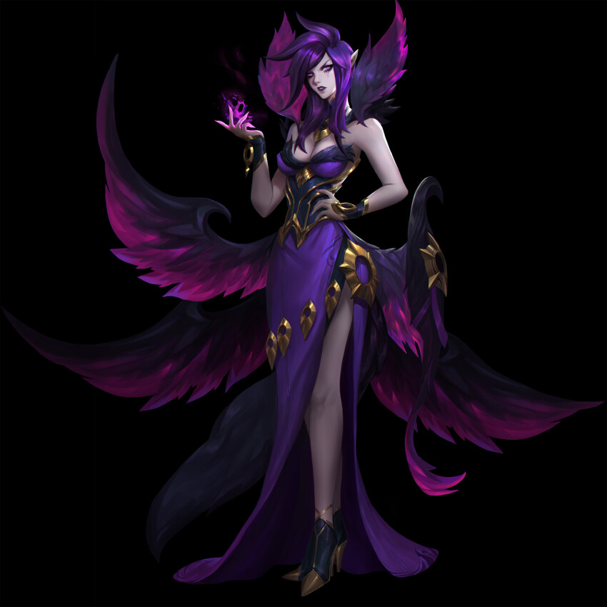 1girl absurdres bare_shoulders black_background breasts dress energy feathered_wings full_body gold hand_on_own_hip high_heels highres jewelry large_breasts league_of_legends magic morgana_(league_of_legends) necklace official_alternate_costume pink_eyes purple_hair shoes spiked_hair steve_zheng wings