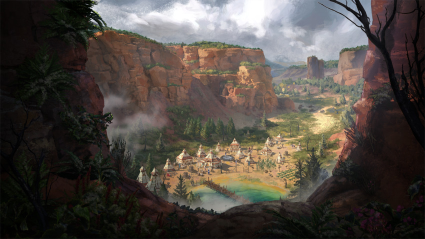 artist_request bridge bush canyon cloud cloudy_sky day fog forest grass highres in-universe_location lake nature no_humans official_art outdoors ragnarok_online scenery sky teepee tree