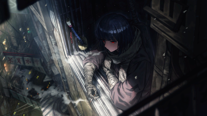 1girl arm_wrap black_hair bob_cut cigarette game_cg greatsword hand_wraps heishou_pack-mao_branch_(identity)_(project_moon) highres holding holding_cigarette limbus_company nai_ga official_art ootachi project_moon red_eyes ryoshu_(project_moon) scarf smoke smoking solo sword weapon