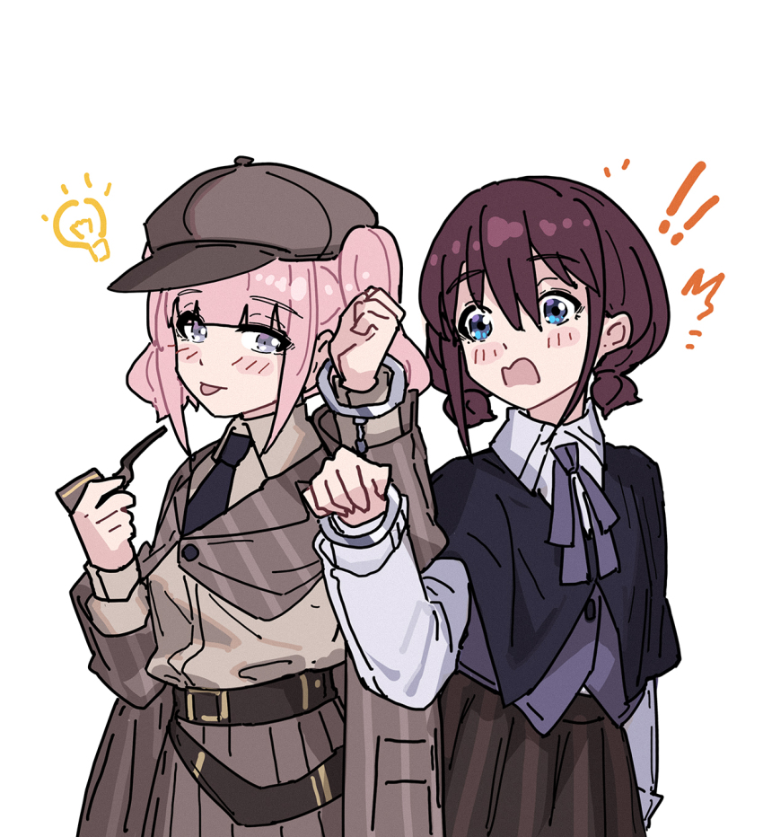 2girls black_necktie blue_eyes blush brown_coat brown_hair brown_hat chinese_commentary coat coat_on_shoulders commentary_request cosplay cuffed girls_band_cry grey_eyes hat highres hina_(girls_band_cry) holding holding_smoking_pipe iseri_nina low_twintails multiple_girls necktie open_mouth pink_hair shared_handcuffs sherlock_holmes sherlock_holmes_(cosplay) short_hair short_twintails simple_background smoking_pipe the_adventures_of_sherlock_holmes twintails white_background yun_cao_bing