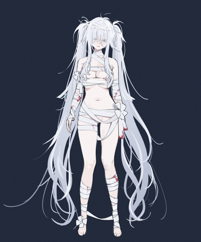 1girl absurdly_long_hair absurdres azur_lane bandages barefoot blood blood_on_clothes bow breasts fancy_(azur_lane) fancy_(grave_of_your_liking)_(azur_lane) grey_eyes grey_hair halloween halloween_costume highres large_breasts long_hair messy_hair navel official_alternate_costume ohisashiburi open_mouth skindentation standing twintails very_long_hair