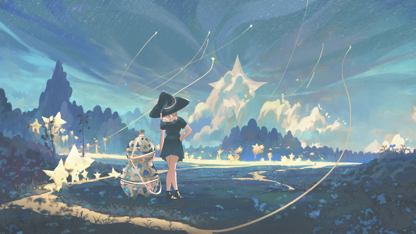 1girl black_dress blonde_hair cloud cork dress floating floating_object from_behind grass hand_on_own_hip hat highres klegsart light_particles light_trail magic night river sandals short_dress star_(sky) star_(symbol) urn witch witch_hat
