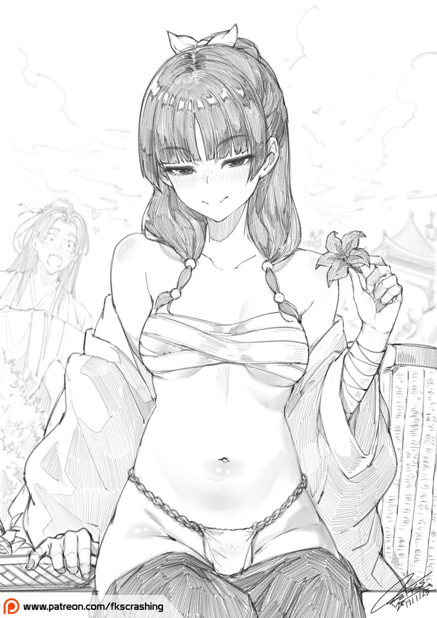 1boy 1girl absurdres arm_wrap blunt_bangs blush breasts chest_sarashi collarbone commentary constricted_pupils dated fkscrashing flower graphite_(medium) greyscale heart highres holding holding_flower jinshi_(kusuriya_no_hitorigoto) kusuriya_no_hitorigoto looking_at_viewer maomao_(kusuriya_no_hitorigoto) monochrome navel off_shoulder patreon_logo sarashi signature sitting small_breasts solo_focus traditional_media watermark web_address wide-eyed