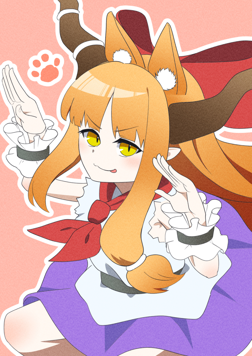 1girl :3 :p animal_ear_fluff animal_ears blush bow bowtie brown_horns cat_day cat_ears cat_girl closed_mouth commentary_request cowboy_shot hair_bow highres horn_bow horn_ornament horns ibuki_suika kemonomimi_mode kurohiba long_hair looking_at_viewer orange_hair paw_print paw_print_background pink_background purple_bow purple_skirt red_bow red_bowtie shirt sidelocks skirt sleeveless sleeveless_shirt smile solo tongue tongue_out touhou v-shaped_eyebrows white_shirt wrist_cuffs yellow_eyes