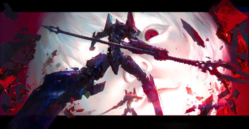 1girl absurdres colored_skin commentary_request eva_00 eva_01 evangelion_(mecha) foreshortening glowing glowing_eye highres holding holding_weapon lance_of_longinus_(evangelion) leo-dont-want-to-be-a-painter letterboxed lilith_(ayanami_rei) mecha mecha_focus neon_genesis_evangelion polearm red_eyes robot rubble short_hair spear weapon white_hair white_skin