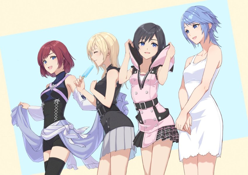 4girls aqua_(kingdom_hearts) belt black_hair blonde_hair blue_eyes blue_hair cosplay costume_switch cross-laced_clothes detached_sleeves dress food gogo_(detteiu_de) hood hoodie kairi_(kingdom_hearts) kingdom_hearts kingdom_hearts_iii looking_at_another multiple_girls namine open_mouth pleated_skirt popsicle red_hair sash short_dress short_hair short_shorts shorts skirt sleeveless sleeveless_dress smile thighhighs white_dress xion_(kingdom_hearts) zipper zipper_pull_tab