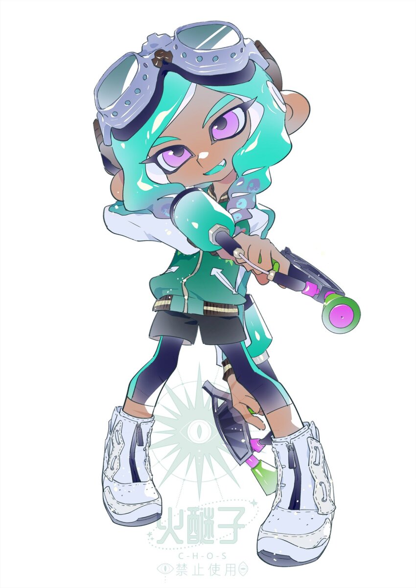 1girl aviator_goggles black_shorts blue_hair blue_leggings blue_tongue boots colored_tongue commentary dark-skinned_female dark_skin dual_wielding fang full_body goggles goggles_on_head green_jacket head_tilt highres himiko0025 holding holding_weapon jacket leggings leggings_under_shorts long_sleeves medium_hair nintendo octoling octoling_girl octoling_player_character open_mouth parted_bangs pink_eyes shorts smile solo splat_dualies_(splatoon) splatoon_(series) standing symbol-only_commentary tentacle_hair weapon white_boots