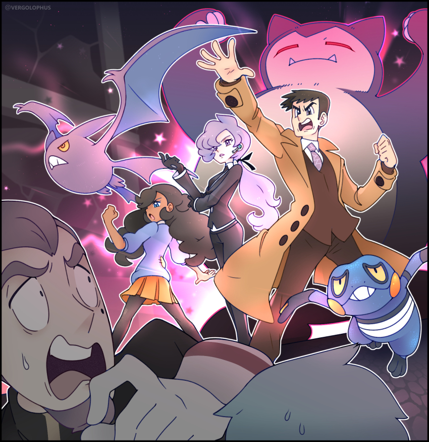 2girls 3boys anabel_(pokemon) archer_(pokemon) bat_wings clenched_hand coat colored_sclera croagunk crobat dark-skinned_female dark_skin earpiece emma_(pokemon) fangs gen_1_pokemon gen_2_pokemon gen_4_pokemon gloves highres looker_(pokemon) mole mole_under_eye multiple_boys multiple_girls necktie nintendo open_mouth outstretched_arm petrel_(pokemon) pokemon pokemon_(creature) pokemon_hgss pokemon_masters_ex pokemon_sm pokemon_xy ponytail purple_hair snorlax star_(symbol) sweat team_rocket vergolophus wings yellow_sclera