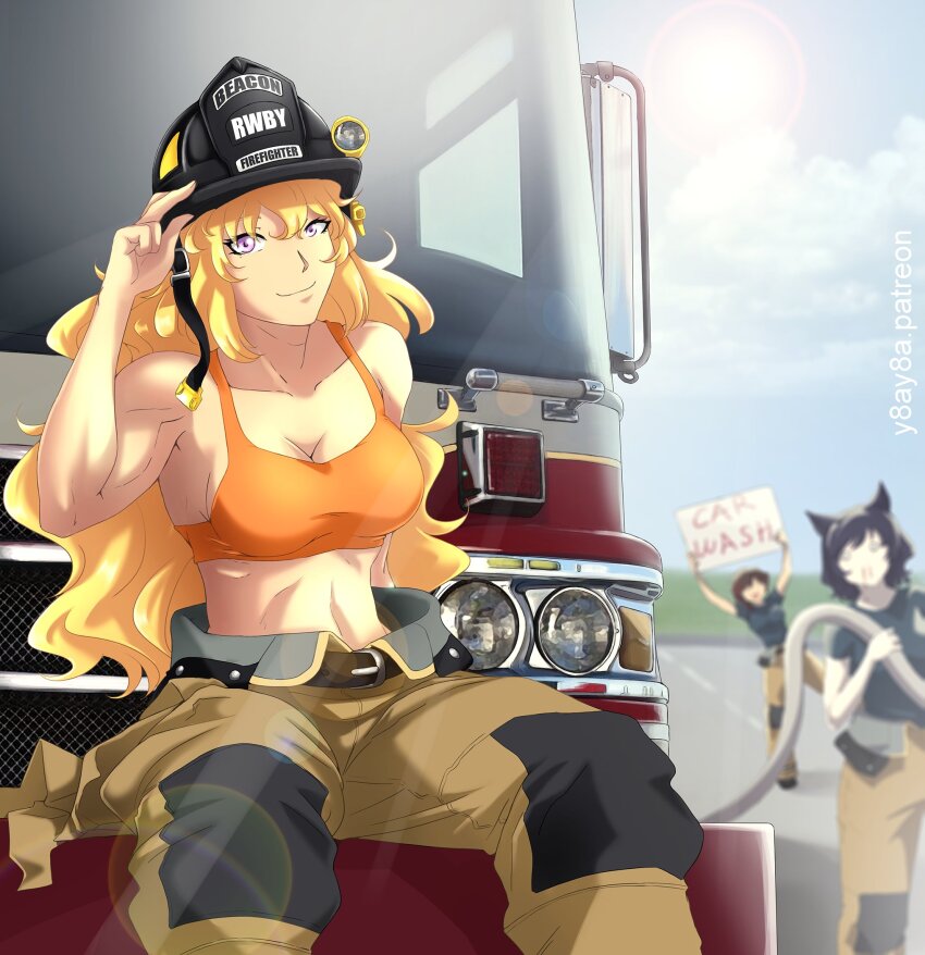 3girls animal_ears bare_shoulders black_hair blake_belladonna blonde_hair cat_ears crop_top crop_top_overhang fire_helmet fire_truck highres holding holding_hose holding_sign hose motor_vehicle multiple_girls pants patreon_username red_hair ruby_rose rwby short_hair sign sitting truck yang_xiao_long yaya_(y8ay8a)