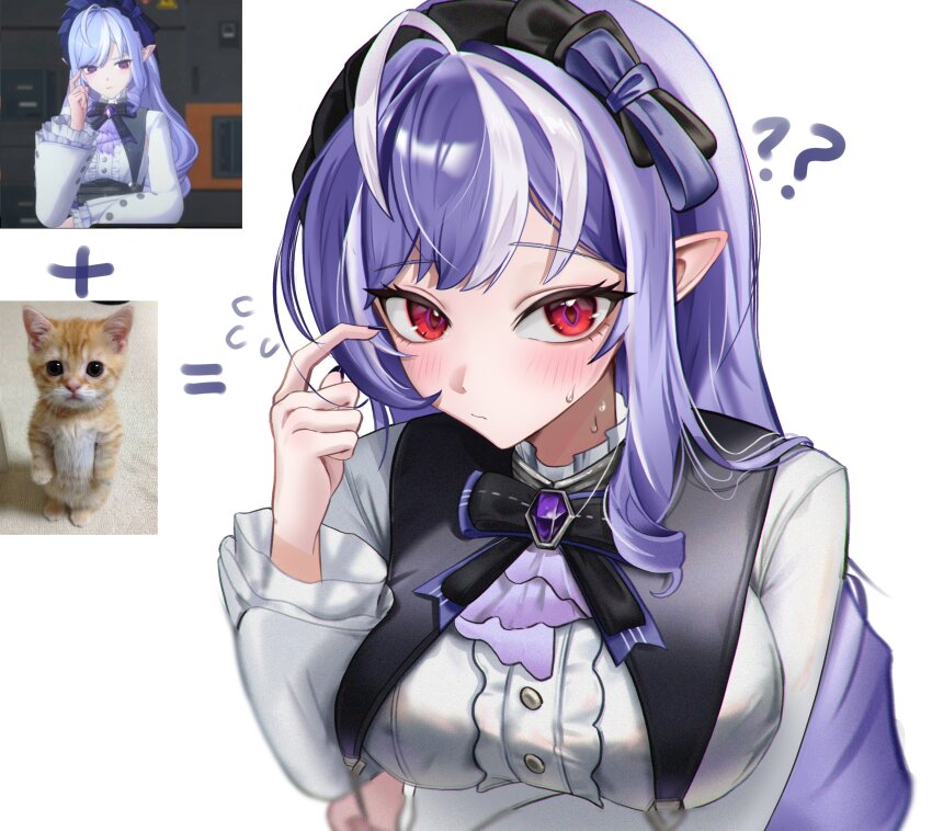 1girl absurdres ahoge arm_under_breasts blush bow bowtie breasts brooch cat center_frills chowol closed_mouth frills game_screenshot_inset hand_up highres jewelry large_breasts long_hair long_sleeves looking_at_viewer multicolored_hair pointy_ears purple_hair red_eyes shirt solo streaked_hair sweat upper_body vivian_banshee white_shirt zenless_zone_zero