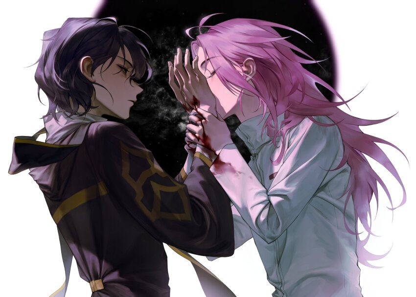 2boys black_eyes bleeding blood blood_on_clothes blood_on_hands commentary_request hatsutori_hajime high_collar highres holding_another&#039;s_wrists kiss kissing_hand kng_roo korean_commentary long_hair long_sleeves male_focus multiple_boys parted_lips pink_hair purple_hair saibou_shinkyoku second-party_source shirt short_hair stigmata upper_body utsugi_noriyuki white_shirt yaoi