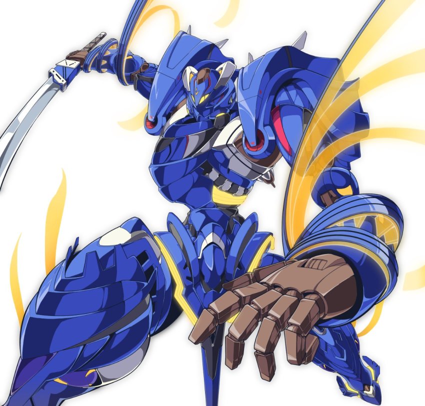1990s_(style) blue_one character_request gamiani_zero glowing glowing_eyes holding holding_sword holding_weapon looking_at_viewer majestic_prince mecha no_humans open_hand retro_artstyle robot science_fiction solo sword weapon white_background yellow_eyes