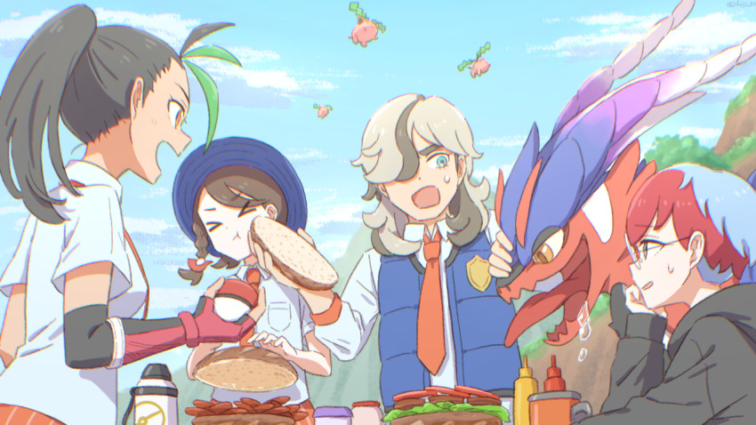 &gt;_&lt; 1boy 3girls :t arven_(pokemon) blue_hair blue_hat blue_vest bread breast_pocket cheek_press closed_eyes cloud commentary_request day drooling food fujiyama_(yellow) gen_2_pokemon glasses green_eyes hair_over_one_eye hat hood hoodie hoppip juliana_(pokemon) ketchup_bottle koraidon long_sleeves multicolored_hair multiple_girls mustard_bottle necktie nemona_(pokemon) nintendo open_clothes open_mouth open_vest orange_necktie outdoors penny_(pokemon) pocket pokemon pokemon_(creature) pokemon_sv red_hair saliva school_uniform shirt sky sweatdrop two-tone_hair vest