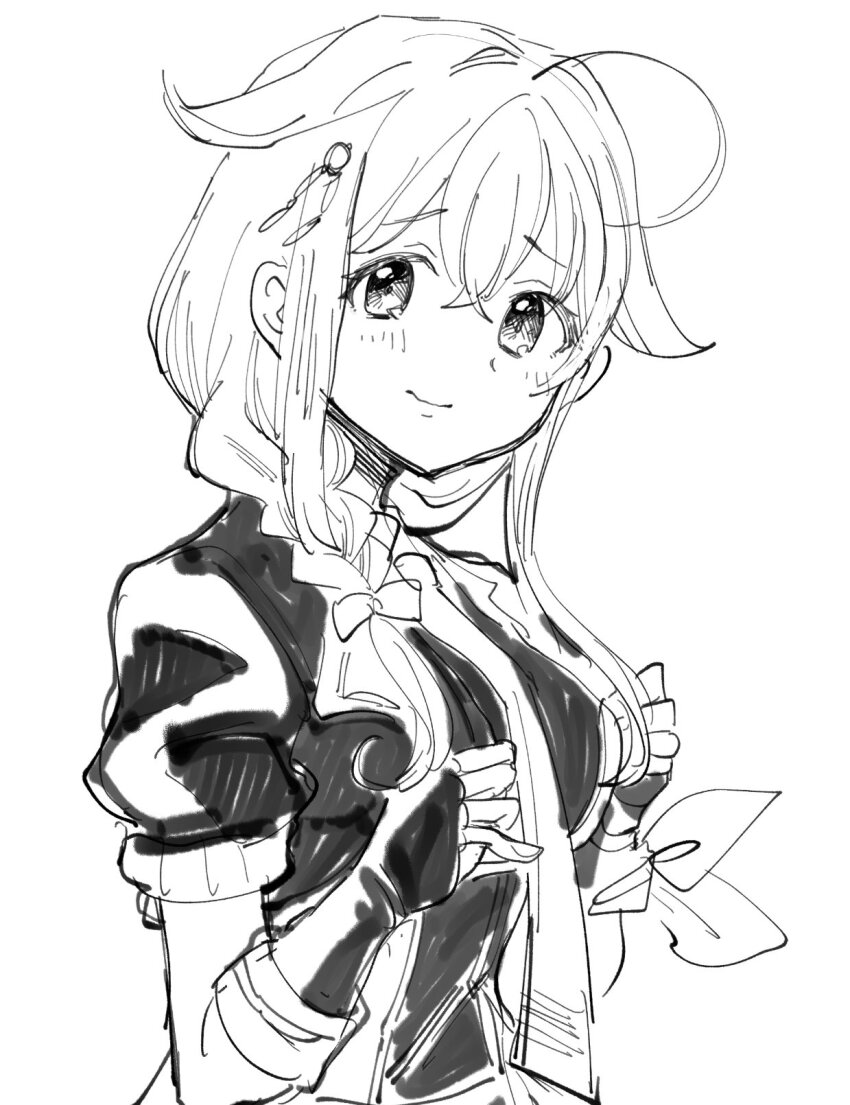 1girl ahoge braid fingerless_gloves gloves hair_flaps hair_over_shoulder highres jacket kantai_collection kirisawa_juuzou long_hair looking_at_viewer monochrome necktie shigure_(kancolle) shigure_kai_san_(kancolle) shirt short_sleeves single_braid sleeveless sleeveless_shirt smile solo two-tone_shirt upper_body