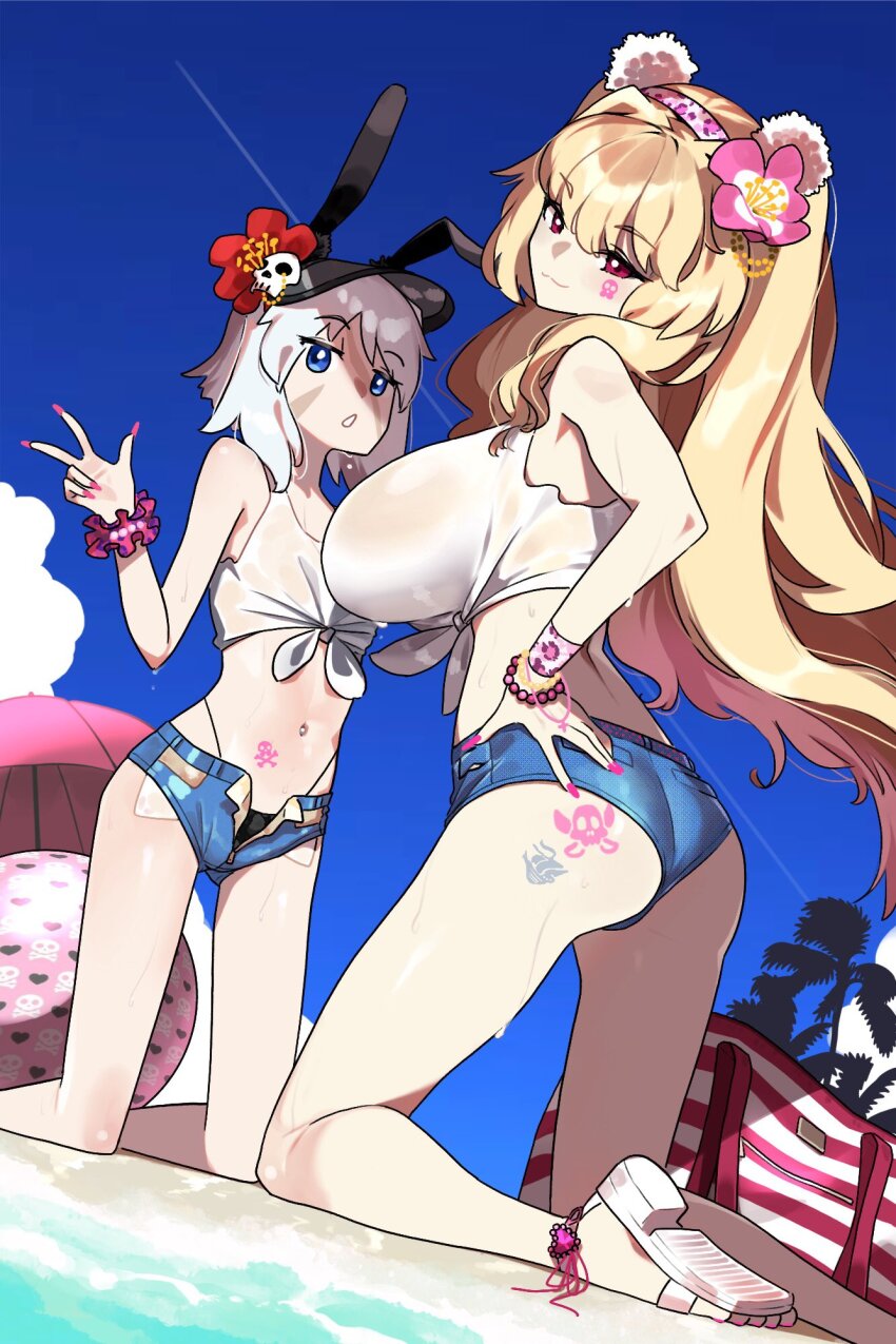 2girls animal_ears anne_bonny_(fate) ass ball beach beachball black_hat blonde_hair blue_eyes blue_sky blush breasts denim denim_shorts fake_animal_ears fate/grand_order fate_(series) flower hair_flower hair_ornament hairband hat highres kneeling large_breasts long_hair looking_at_viewer looking_back mary_read_(fate) monkey_jon multiple_girls navel open_mouth rabbit_ears red_eyes sandals scar scar_on_face shirt shore short_hair shorts sidelocks sky sleeveless sleeveless_shirt small_breasts thighs tied_shirt two_side_up white_hair white_shirt