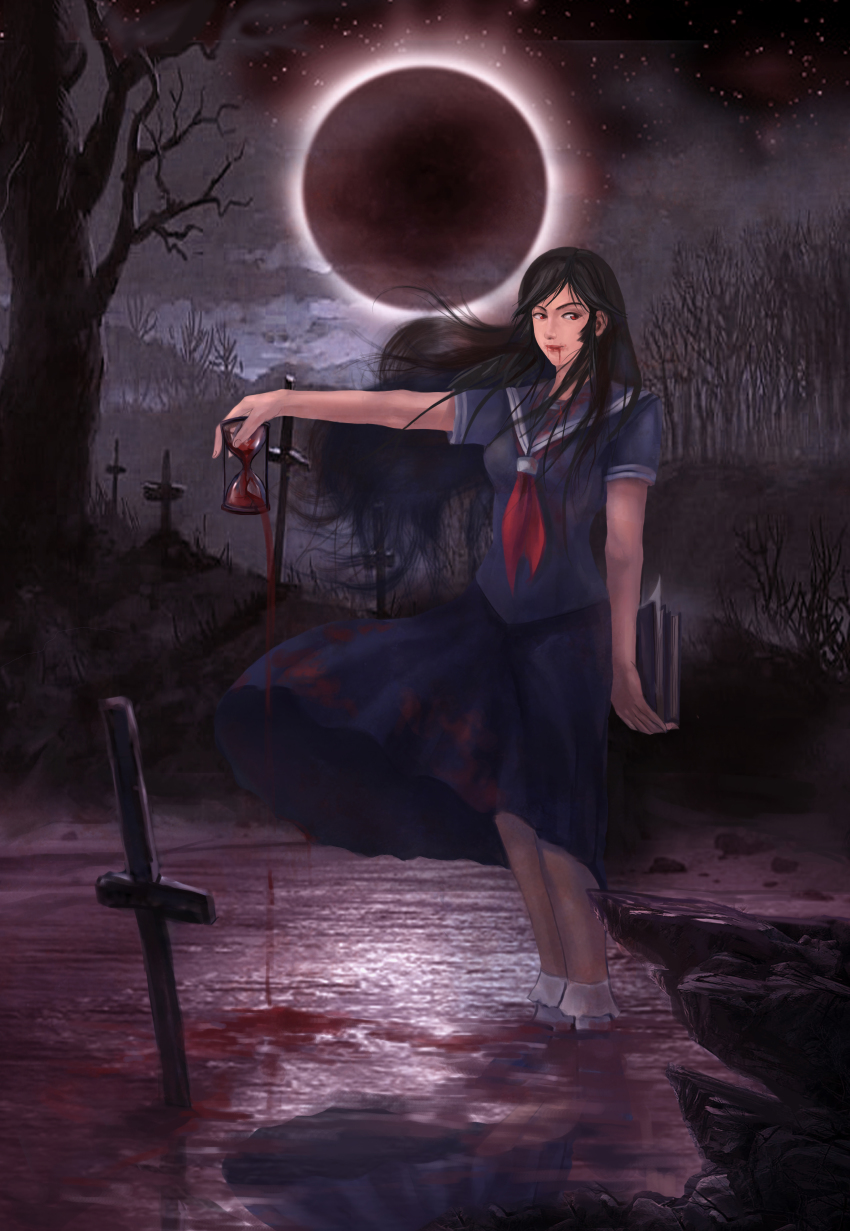1girl absurdres black_hair blood bobby_socks book female_focus grave graveyard highres hourglass kaibutsu_oujo kamura_reiri moon nature night outdoors plant red_eyes school_uniform sky socks solo standing vampire water xiezhuyu
