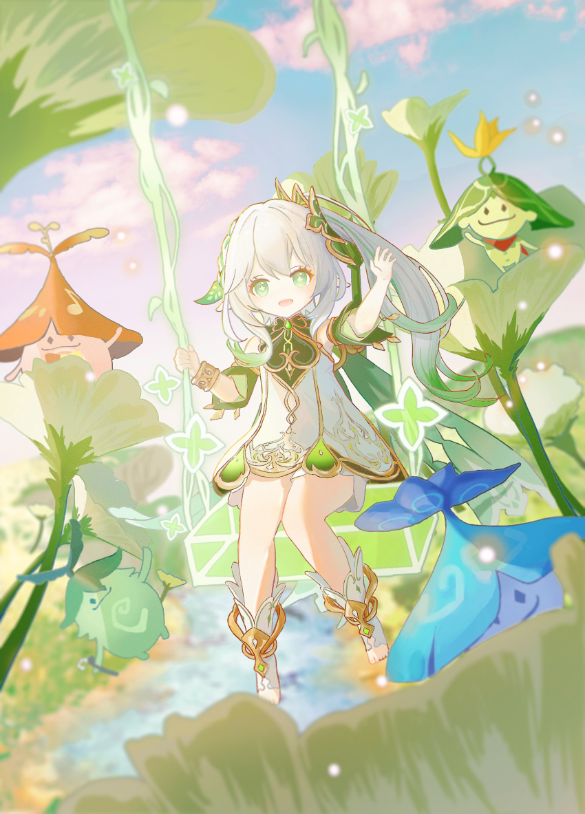 1girl absurdres aranara_(genshin_impact) bare_shoulders bloomers bracelet commentary day detached_sleeves dress genshin_impact gold_trim gradient_hair green_hair green_sleeves hair_ornament hand_up highres jewelry leaf_hair_ornament long_hair looking_at_viewer multicolored_hair nahida_(genshin_impact) on_swing open_mouth orangemint623 outdoors pointy_ears side_ponytail sitting sleeveless sleeveless_dress solo stirrup_legwear swing symbol-shaped_pupils toeless_legwear underwear white_bloomers white_dress white_hair