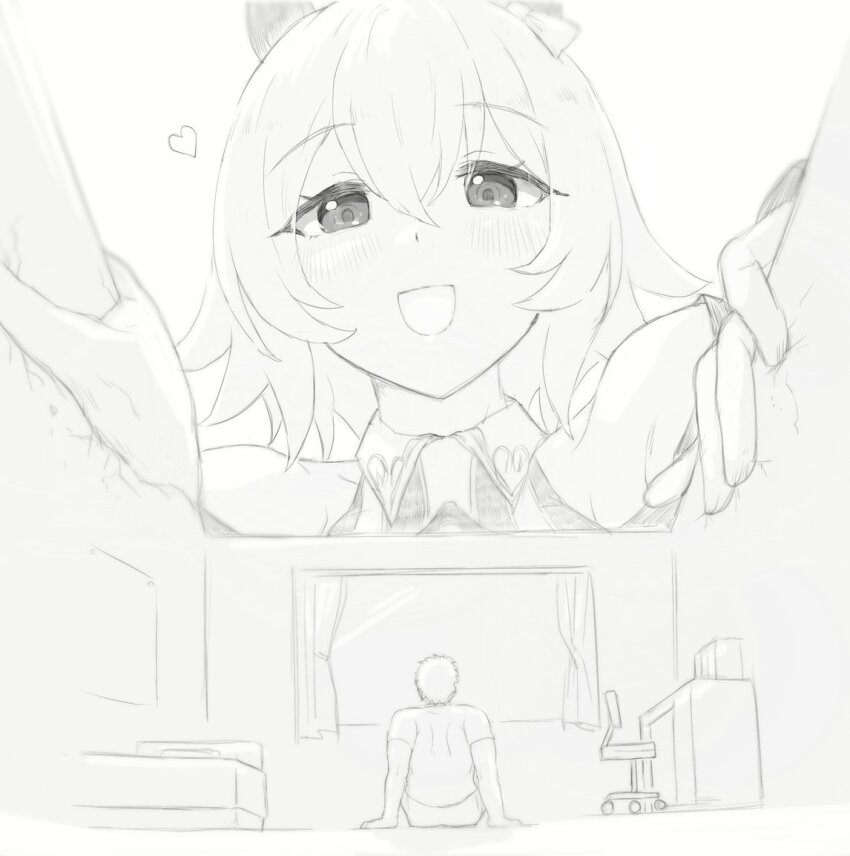 1boy 1girl :d animal_ears arm_support bed bedroom blush bow chair commentary_request crack cracked_wall curren_chan_(fille_eclair)_(umamusume) curren_chan_(umamusume) curtains desk ear_bow giant giantess hair_between_eyes heart horse_ears mido_(midosge) monochrome open_mouth short_hair short_sleeves sitting size_difference smile swivel_chair trainer_(umamusume) umamusume window