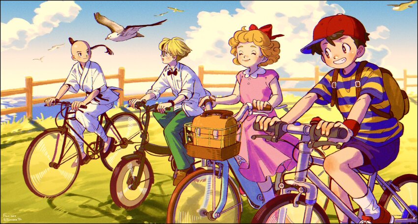 1girl 3boys backpack bag baseball_cap bicycle bicycle_basket bird black_border black_hair blonde_hair blue_shorts blue_sky blush border bow brown_footwear closed_eyes cloud commentary_request day dougi dress fence freckles glasses grass green_pants grin hair_bow hat highres jeff_andonuts kwsby_124 mother_(series) mother_2 multiple_boys ness_(mother_2) nintendo ocean open_mouth orange_hair outdoors pants paula_(mother_2) pink_dress poo_(mother_2) red_footwear riding riding_bicycle shirt shoes short_sleeves shorts sky smile socks striped_clothes striped_shirt water white_shirt white_socks