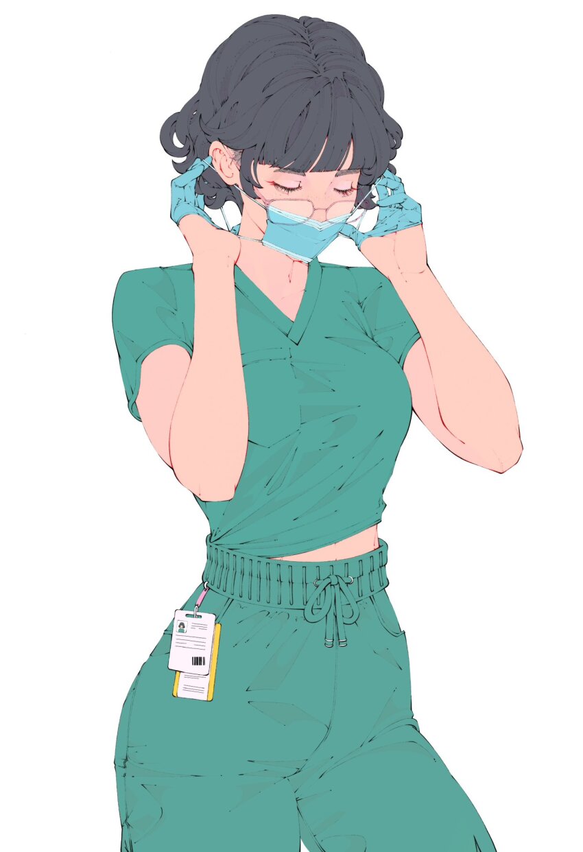 1girl adjusting_mask black_hair blue_gloves blunt_bangs breasts closed_eyes commentary cowboy_shot elliemaplefox english_commentary glasses gloves green_pants green_shirt half_gloves highres mask midriff_peek mouth_mask original pants pink-framed_eyewear shirt short_hair short_sleeves sidelocks simple_background solo surgical_mask white_background