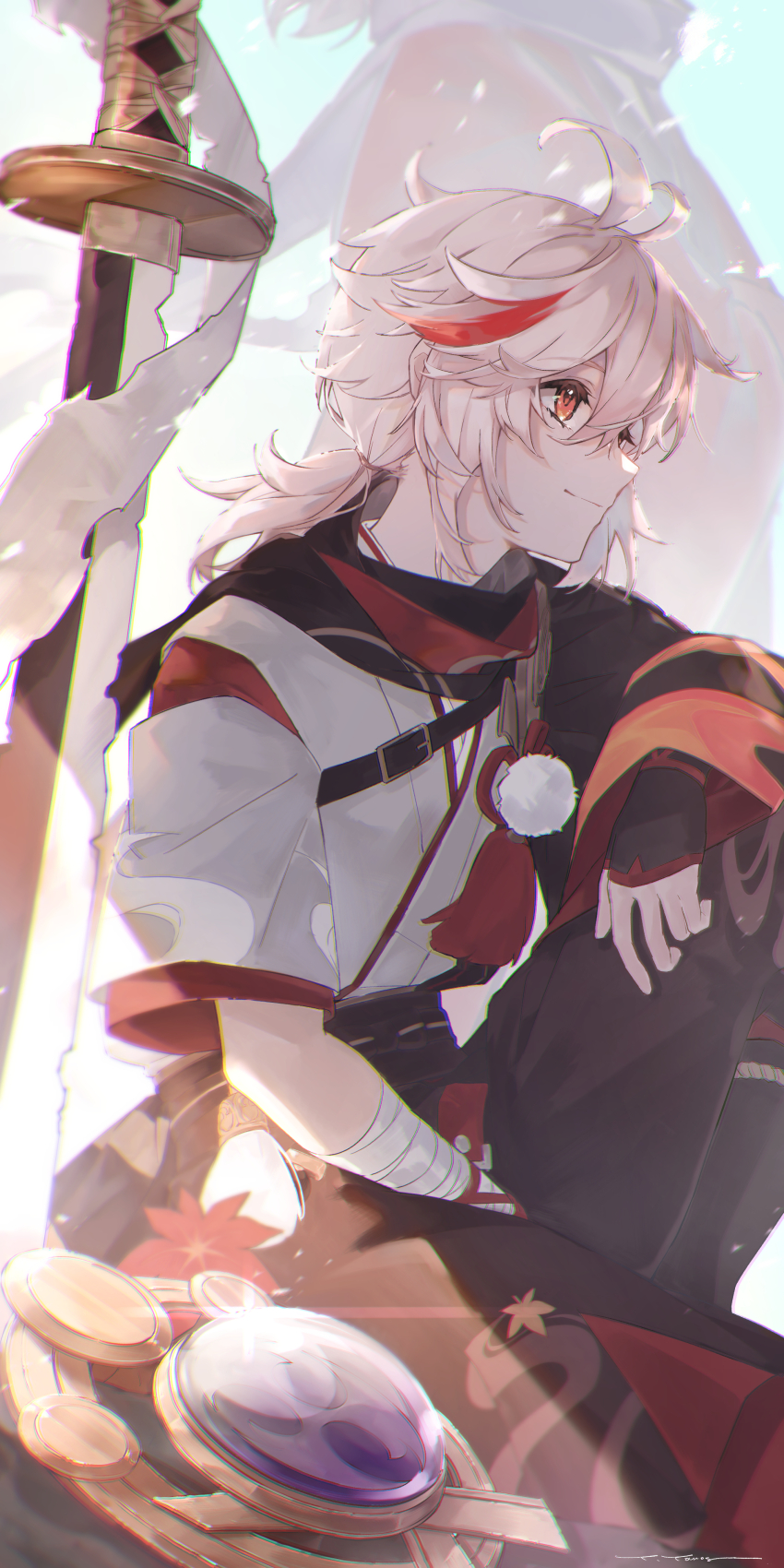1boy absurdres antenna_hair arm_on_knee bandaged_hand bandages belt black_belt black_cape black_gloves black_pants cape chest_belt closed_mouth electro_symbol_(genshin_impact) fingerless_gloves genshin_impact gloves highres japanese_clothes kaedehara_kazuha katana leaf long_hair low_ponytail male_focus maple_leaf multicolored_hair orange_eyes pants ponytail red_hair shirt smile solo streaked_hair sword two-tone_hair vision_(genshin_impact) weapon white_hair white_shirt wide_sleeves yama_ta_yomogi