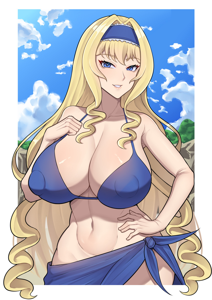 1girl absurdres band-width bikini blonde_hair blue_eyes blue_headband blue_sarong blue_sky breasts cecilia_alcott cleavage cloud collarbone commission covered_erect_nipples hair_intakes hand_on_own_hip headband highres infinite_stratos large_breasts legs linea_alba long_hair navel sarong seductive_smile sky smile solo stomach swimsuit thick_thighs thighs toned