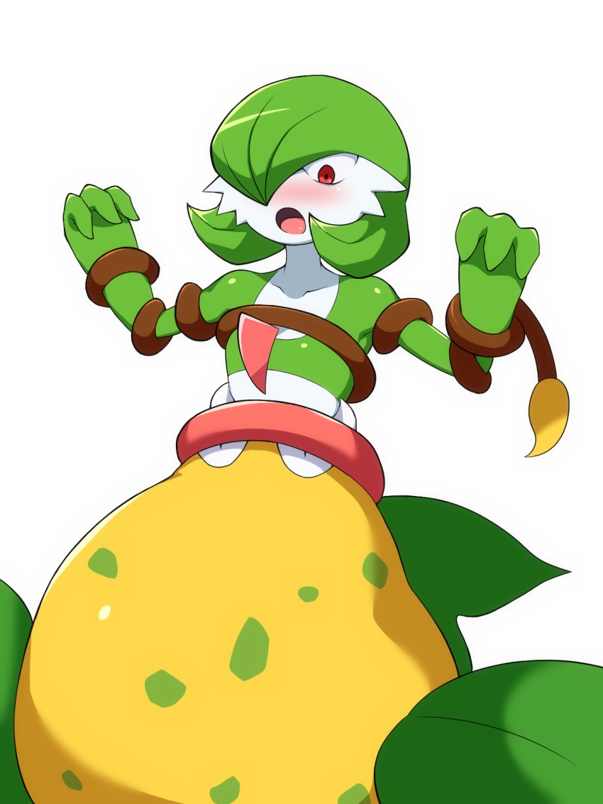 1girl black_eyes blush collarbone colored_skin female_focus gardevoir gen_1_pokemon gen_3_pokemon green_hair green_skin hair_over_one_eye hands_up highres kerriaria looking_down looking_up multicolored_skin nintendo nose_blush open_mouth pokemon pokemon_(creature) red_eyes shiny_skin short_hair simple_background tentacles two-tone_skin victreebel vore white_background white_skin