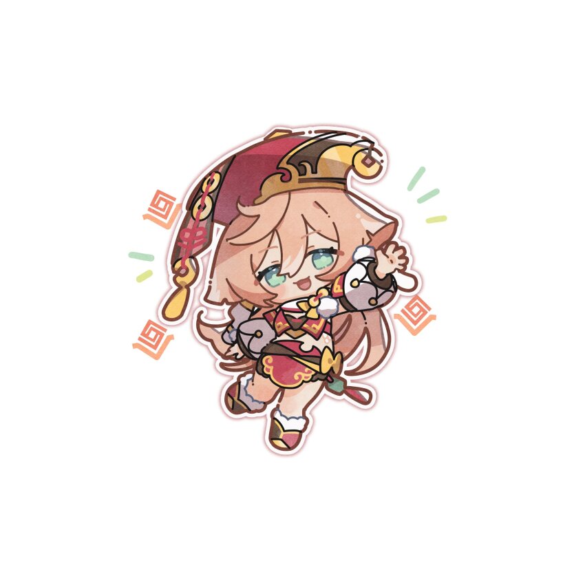 1girl :3 aqua_eyes blush boots bow chibi coin coin_hat_ornament crop_top fur_trim genshin_impact hair_between_eyes happy hat hat_ornament highres long_hair long_sleeves looking_at_viewer magic nag_nag_naji open_hand open_mouth pink_hair red_hat shorts sidelocks simple_background solo white_background yanfei_(genshin_impact) yellow_bow