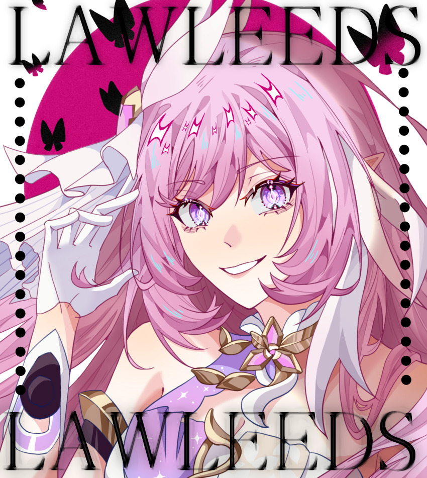 1girl absurdres artist_name bare_shoulders breasts bug butterfly cleavage commission corset diamond-shaped_pupils diamond_(shape) elf elysia_(herrscher_of_human:_ego)_(honkai_impact) elysia_(honkai_impact) gloves highres honkai_(series) honkai_impact_3rd insect large_breasts lawleeds long_hair looking_at_viewer multicolored_hair oval_background parted_lips pink_background pink_hair pointy_ears portrait purple_eyes smile solo symbol-shaped_pupils triquetra two-tone_background two-tone_hair veil white_background white_corset white_gloves white_hair white_veil