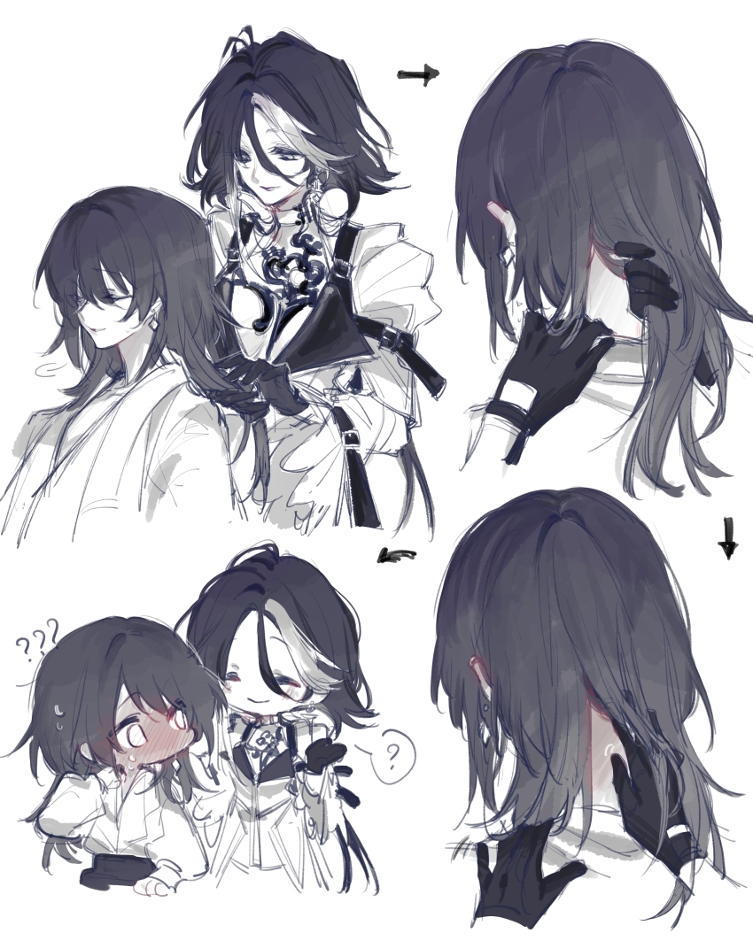 2girls ? ?? absurdres adela_(path_to_nowhere) arrow_(symbol) blush breasts chief_(path_to_nowhere) choker cleavage closed_eyes commentary earrings english_commentary female_chief_(path_to_nowhere) full-face_blush gloves greyscale hand_in_another&#039;s_hair hand_on_another&#039;s_neck hand_on_another&#039;s_shoulder highres jacket jewelry long_hair looking_at_another medium_breasts monochrome multicolored_hair multiple_girls nervous_sweating parted_lips path_to_nowhere sashimi_kimochi smile spoken_question_mark streaked_hair sweat yuri