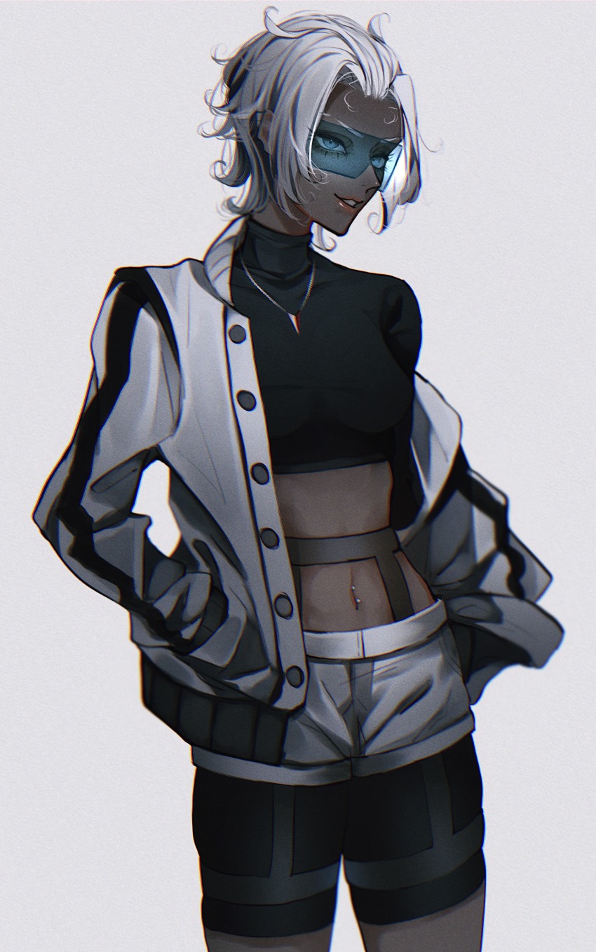 1girl absurdres bike_shorts black_shorts blue_eyes breasts cowboy_shot dark-skinned_female dark_skin genderswap genderswap_(mtf) grey_background grey_hair grey_jacket grey_shorts hair_behind_ear hands_in_pockets highres humanization jacket jazz_(transformers) logo medium_breasts midriff nakai111 navel_piercing off_shoulder parted_lips piercing pink_lips pontiac shirt short_shorts shorts smile solo sunglasses transformers transformers_(2007_movie) transformers_(live_action) turtleneck turtleneck_shirt