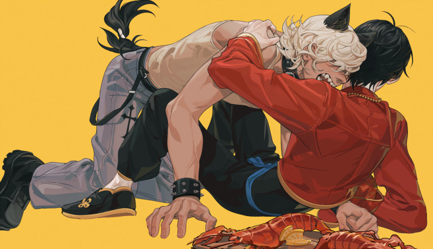 2boys animal_ears antenna_hair arm_rest arm_up bangle bare_arms belt wallet_chain black_belt black_hair black_pants black_shoes black_tail blonde_hair boy_on_top bracelet clenched_hand covered_eyes cropped_jacket flipchers flipped_hair food fruit grey_pants hair_over_eyes hand_on_another&#039;s_shoulder hands_on_floor imminent_bite jacket jewelry kneeling lobster long_sleeves lying male_focus multiple_boys on_back open_mouth orange_(fruit) orange_slice original pants reclining red_jacket sharp_teeth shoes short_hair simple_background spiked_bracelet spikes tank_top teeth toned toned_male white_tank_top yaoi yellow_background