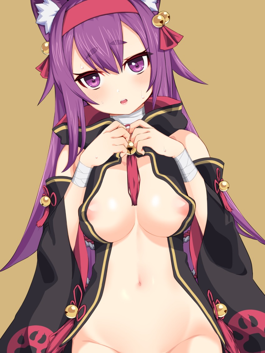 1girl animal_ears azur_lane bandages bell blush breasts detached_sleeves eyebrows hair_bell hair_ornament hairband highres jingle_bell lips long_hair looking_at_viewer navel nezuko open_clothes open_mouth purple_eyes purple_hair red_hairband short_eyebrows simple_background thick_eyebrows urakaze_(azur_lane)