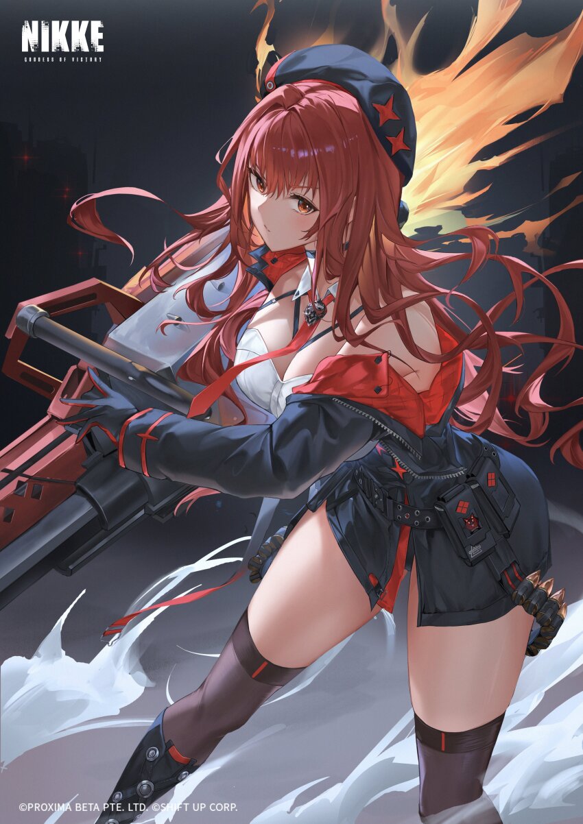 1girl absurdres bare_shoulders belt belt_pouch beret black_background black_belt black_footwear black_jacket black_skirt breasts brown_eyes bullet cleavage commentary commentary_request copyright_name copyright_notice detached_collar english_commentary eru_(eru_illust) fire goddess_of_victory:_nikke hair_intakes hat highres holding holding_weapon jacket large_breasts long_hair necktie off_shoulder official_alternate_design official_alternate_hair_color official_art pouch rapi_(nikke) rapi_(red_hood)_(nikke) red_hair red_necktie skirt smoke solo standing thighhighs two-tone_gloves weapon zipper