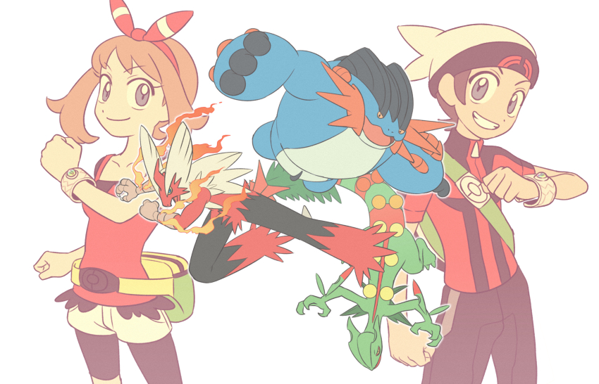 1boy 1girl absurdres bag black_eyes black_jacket black_pants blaziken blue_eyes bracelet brendan_(pokemon) claws clenched_hands collarbone colored_sclera feiyang02 gen_3_pokemon hat highres jacket jewelry may_(pokemon) mega_blaziken mega_pokemon mega_sceptile mega_stone mega_swampert multicolored_jacket nintendo open_mouth pants pokemon pokemon_(creature) pokemon_oras red_jacket red_tank_top ribbon sceptile shorts sidelocks simple_background smile starter_pokemon_trio swampert tank_top two-tone_jacket white_background white_shorts yellow_sclera