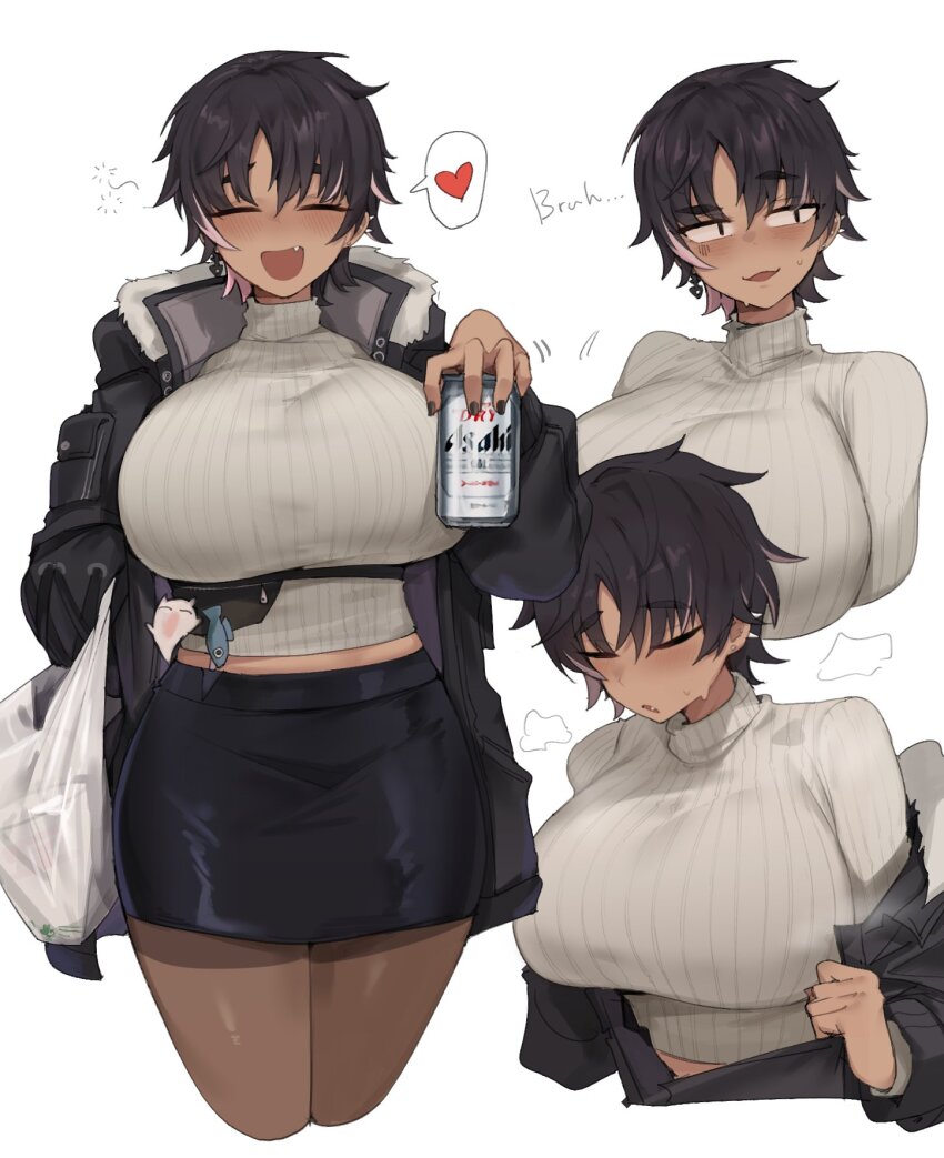 1girl bag black_hair black_jacket black_nails black_skirt blush bon_(vtuber) breasts can closed_eyes dark-skinned_female dark_skin earrings fang fanny_pack fish_skeleton_earrings gurenola heart highres holding holding_can indie_virtual_youtuber jacket jewelry large_breasts motion_lines multicolored_hair open_clothes open_jacket open_mouth pantyhose pencil_skirt pink_hair plastic_bag ribbed_sweater short_hair skirt spoken_heart streaked_hair sweater turtleneck turtleneck_sweater virtual_youtuber white_sweater