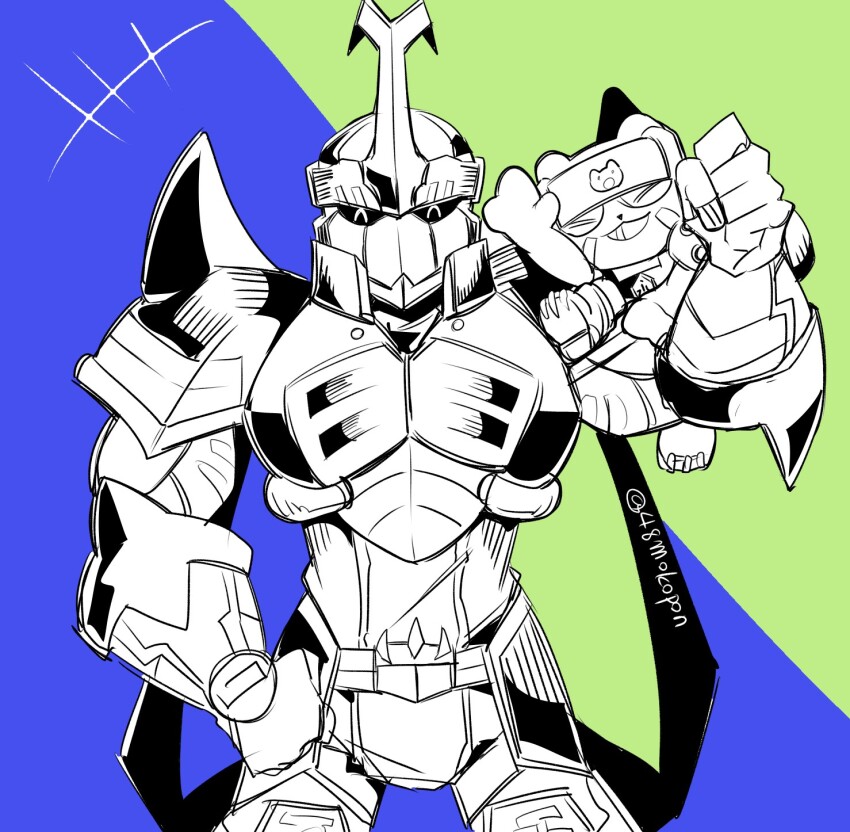 2boys 48mokopon armor blitzmon blue_background chackmon closed_eyes cowboy_shot digimon digimon_(creature) digimon_frontier green_background greyscale_with_colored_background happy highres horns male_focus multiple_boys simple_background single_horn