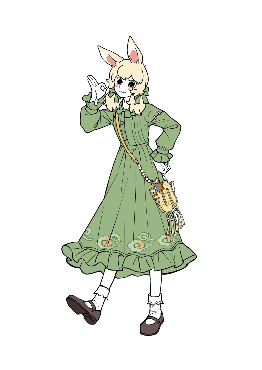 1girl absurdres alpaca alpaca_ears alternate_costume animal_ears bag black_shoes blonde_hair bow brown_eyes collar collared_dress dress empty_eyes extra_ears feiren_zai frilled_collar frilled_dress frills full_body gloves green_dress hair_bow hand_on_own_hip hand_up highres long_sleeves looking_at_viewer low_twintails mary_janes medium_hair puffy_sleeves rabbit_ears rabbit_girl ribbon shoes shoulder_bag simple_background smile socks solo standing tassel twintails white_background white_gloves white_socks xiaoyu_(feiren_zai) yizhu_tiannanxing_zhiwu