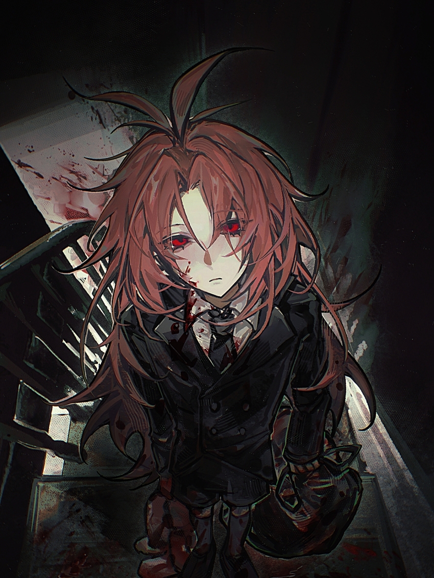1boy antenna_hair bag black_jacket black_shoes black_shorts black_socks blood blood_on_clothes blood_on_face buttons chinese_commentary closed_mouth commentary_request curtained_hair double-breasted expressionless foreshortening from_above hatsutori_hajime highres holding holding_bag holding_stuffed_toy implied_murder jacket lapels long_hair long_sleeves looking_at_viewer male_focus notched_lapels pale_skin parted_bangs pink_hair red_eyes saibou_shinkyoku shirt shoes shorts socks solo sputniklover-1 stairs stuffed_animal stuffed_rabbit stuffed_toy trash_bag white_shirt