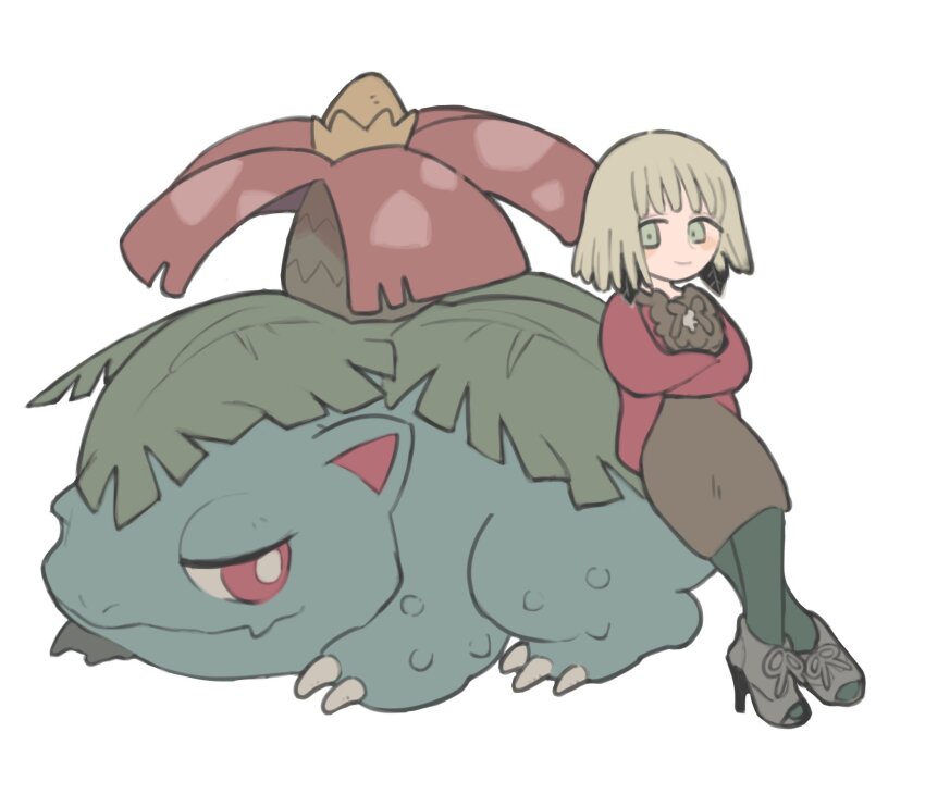 1girl black_pantyhose blonde_hair brown_dress commentary_request crossed_arms dress gen_1_pokemon green_eyes grey_shoes high_heels highres jacket kinni leaning_on_animal medium_hair nintendo original pantyhose pokemon pokemon_(creature) red_eyes red_jacket shoes smile venusaur
