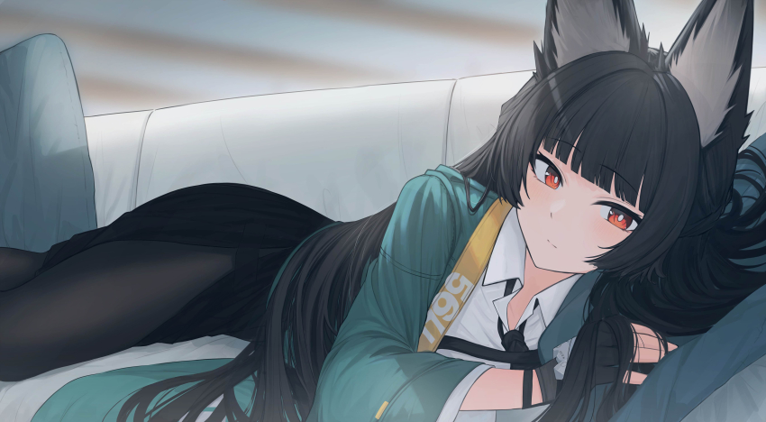 1girl absurdres animal_ear_fluff animal_ears black_hair black_necktie black_pantyhose black_skirt blunt_bangs closed_mouth couch fox_ears fox_girl green_jacket highres hoshimi_miyabi jacket long_hair looking_at_viewer morupeusu necktie on_couch pantyhose red_eyes shirt skirt solo white_shirt zenless_zone_zero