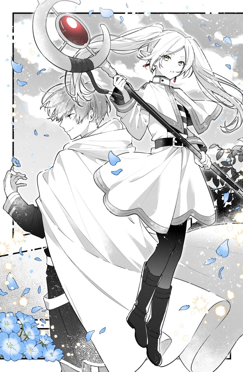 1boy 1girl belt blue_eyes blue_flower blue_hair boots capelet cloak closed_mouth commentary day earrings elf eyelashes floating floating_clothes floating_hair flower frieren full_body gem green_eyes hand_up highres himmel_(sousou_no_frieren) holding holding_staff hood hooded_cloak jewelry knee_boots light_particles long_hair long_sleeves looking_at_hand looking_at_viewer monochrome outside_border pantyhose parted_hair parted_lips petals pointy_ears profile projected_inset red_gemstone sakuragi_ren shirt short_hair skirt sky smile sousou_no_frieren sparkle spot_color staff striped_clothes striped_shirt teardrop_earrings twintails wind