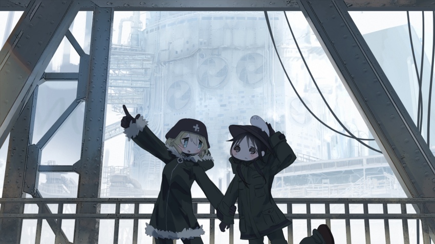 2girls black_eyes black_gloves black_hair blonde_hair blue_eyes chito_(shoujo_shuumatsu_ryokou) cowboy_shot day fur_trim gloves green_jacket green_pants helmet highres industrial industrial_pipe jacket long_hair long_sleeves momo_(tou_gen_kyo) multiple_girls nuko_(shoujo_shuumatsu_ryokou) pants pointing rivets shoujo_shuumatsu_ryokou steel_beam yuuri_(shoujo_shuumatsu_ryokou)