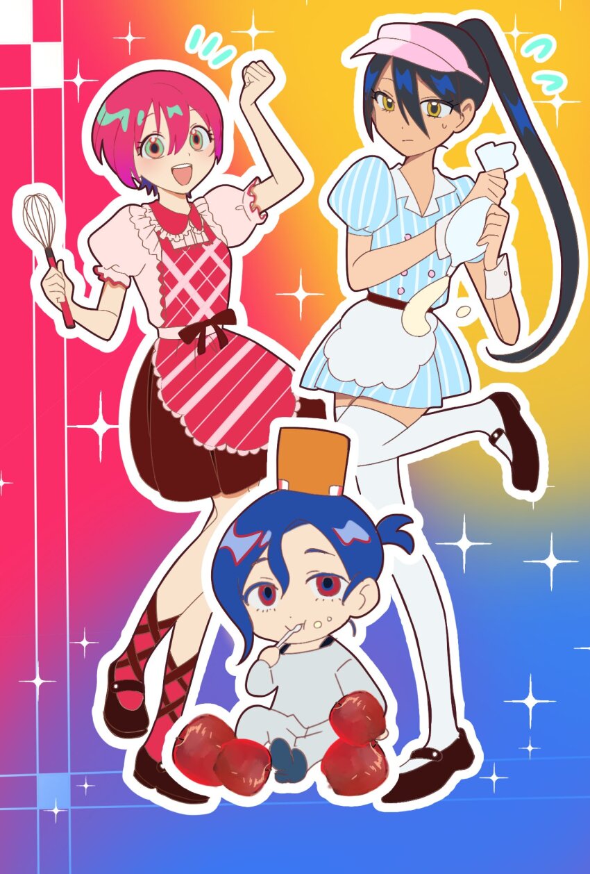 1boy 2girls amate_yuzuriha apple aqua_eyes black_hair blue_hair chibi conch_(gundam) dress food food_on_face fruit full_body gradient_background gundam gundam_gquuuuuux highres holding holding_pastry_bag holding_whisk long_hair multiple_girls non-humanoid_robot nyaan_(gundam_gquuuuuux) open_mouth pastry_bag red_eyes red_hair robot short_hair short_sleeves shuji_ito sitting smile sparkle standing standing_on_one_leg turumiya_s visor_cap whisk yellow_eyes